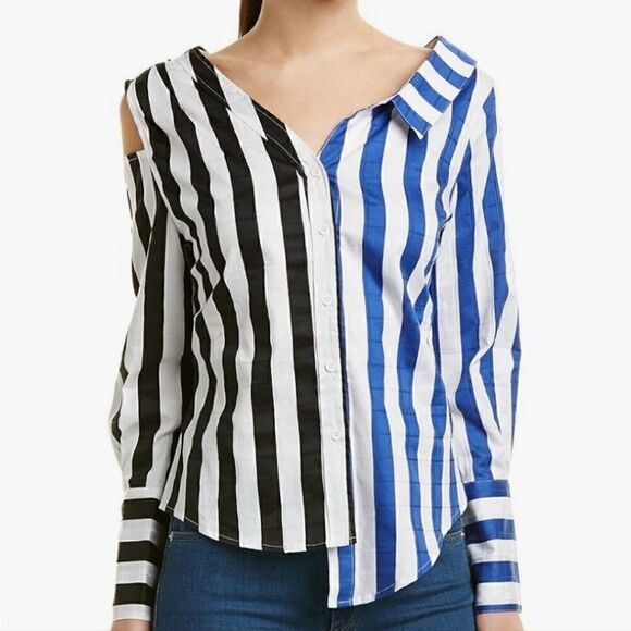 Walter Baker Asymmetrical Button Down Cold Shoulder Long Sleeve Shirt - Picture 1 of 8